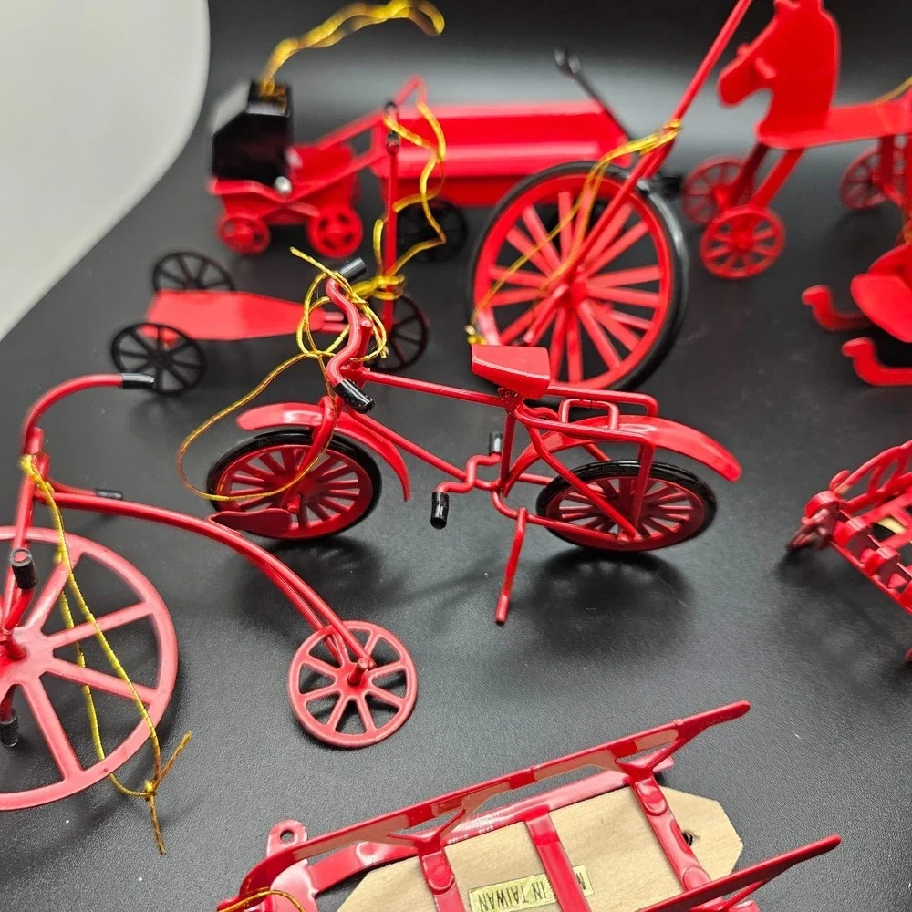 Vintage Red Metal Miniature Vehicles & Sled Christmas Ornaments Lot of 11 Taiwan